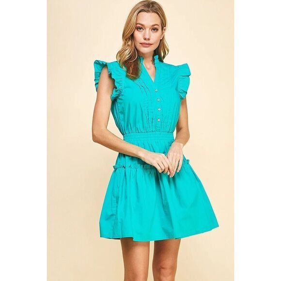 NWT Pinch Womens Smock Waist Ruffle Mini Dress Green Blue Size Large - Picture 1 of 10